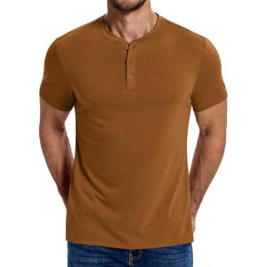 imageCOOFANDY Mens Henley Shirts Cotton Short Sleeve Casual TShirt Button Henley Basic Tee Lightweight Summer TopLight Brown
