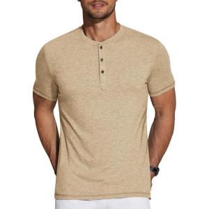 imageCOOFANDY Mens Henley Shirts Short Sleeve Casual Basic Tee Summer Button Henley Soild T ShirtsLight Khaki