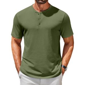 imageCOOFANDY Mens Henley Shirts Short Sleeve Casual Summer Basic T Shirt Soild Button Tee TopAarmy Green