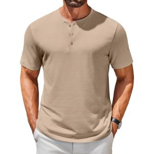 imageCOOFANDY Mens Henley Shirts Short Sleeve Casual Summer Basic T Shirt Soild Button Tee TopAkhaki