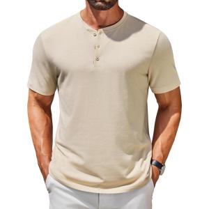 imageCOOFANDY Mens Henley Shirts Short Sleeve Casual Summer Basic T Shirt Soild Button Tee TopAlight Khaki