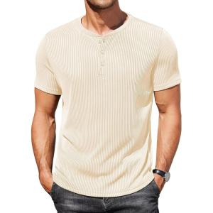 imageCOOFANDY Mens Henley Shirts Short Sleeve Casual Tee Summer Button Henley Soild T ShirtsBeige