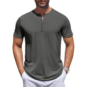 imageCOOFANDY Mens Henley Shirts Short Sleeve Collarless Button TShirt Fashion Casual Basic Tee TopsDark Grey