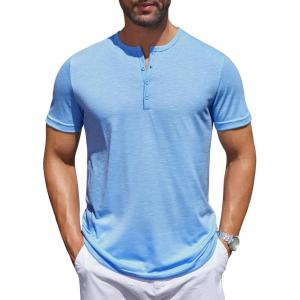 imageCOOFANDY Mens Henley Shirts Short Sleeve Collarless Button TShirt Fashion Casual Basic Tee TopsLight Blue