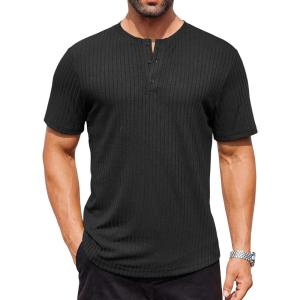 imageCOOFANDY Mens Henley Shirts Short Sleeve Ribbed Stretch TShirt Casual Summer Basic TeeBlack