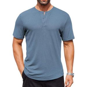 imageCOOFANDY Mens Henley Shirts Short Sleeve Ribbed Stretch TShirt Casual Summer Basic TeeGrey Blue
