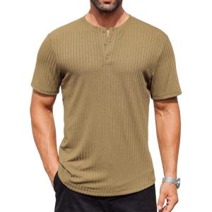 imageCOOFANDY Mens Henley Shirts Short Sleeve Ribbed Stretch TShirt Casual Summer Basic TeeKhaki