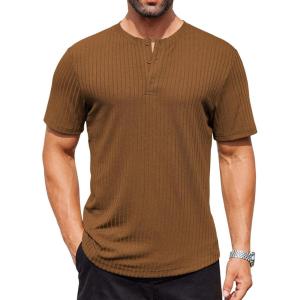 imageCOOFANDY Mens Henley Shirts Short Sleeve Ribbed Stretch TShirt Casual Summer Basic TeeLight Brown