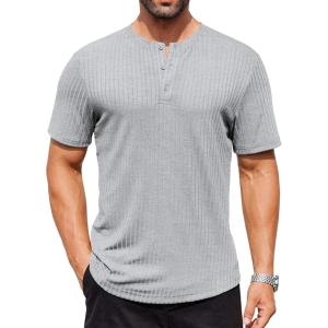 imageCOOFANDY Mens Henley Shirts Short Sleeve Ribbed Stretch TShirt Casual Summer Basic TeeLight Grey