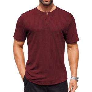 imageCOOFANDY Mens Henley Shirts Short Sleeve Ribbed Stretch TShirt Casual Summer Basic TeeWine Red