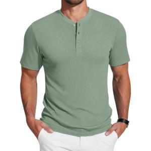 imageCOOFANDY Mens Henley Shirts Short Sleeve Ribbed TShirts Bodybuilding Workout Tee ShirtsGray Green