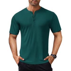 imageCOOFANDY Mens Henley Shirts Short Sleeve Ribbed TShirts Bodybuilding Workout Tee ShirtsGreen
