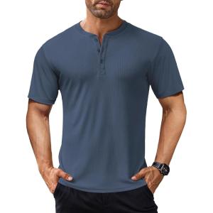 imageCOOFANDY Mens Henley Shirts Short Sleeve Ribbed TShirts Bodybuilding Workout Tee ShirtsGrey Blue