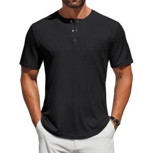 imageCOOFANDY Mens Henley Shirts Short Sleeve Tshirt Basic Button Tees Summer Ribbed Pocket T Shirt Casual Stretch TopsBlack