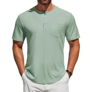 imageCOOFANDY Mens Henley Shirts Short Sleeve Tshirt Basic Button Tees Summer Ribbed Pocket T Shirt Casual Stretch TopsLight Green