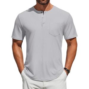 imageCOOFANDY Mens Henley Shirts Short Sleeve Tshirt Basic Button Tees Summer Ribbed Pocket T Shirt Casual Stretch TopsLight Grey