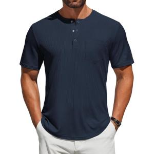 imageCOOFANDY Mens Henley Shirts Short Sleeve Tshirt Basic Button Tees Summer Ribbed Pocket T Shirt Casual Stretch TopsNavy Blue