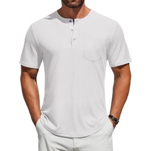 imageCOOFANDY Mens Henley Shirts Short Sleeve Tshirt Basic Button Tees Summer Ribbed Pocket T Shirt Casual Stretch TopsWhite