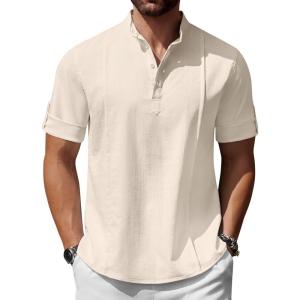 imageCOOFANDY Mens Henley TShirts Short Sleeve Casual Button Henley Shirts Band Collar Tee Summer Beach Hippie ShirtsBeige