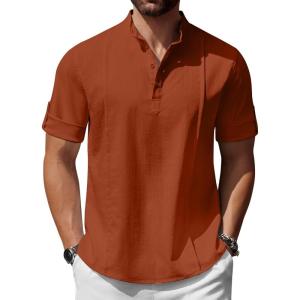 imageCOOFANDY Mens Henley TShirts Short Sleeve Casual Button Henley Shirts Band Collar Tee Summer Beach Hippie ShirtsCaramel