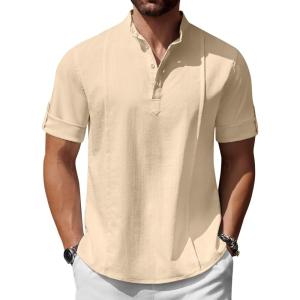 imageCOOFANDY Mens Henley TShirts Short Sleeve Casual Button Henley Shirts Band Collar Tee Summer Beach Hippie ShirtsKhaki