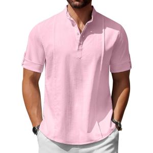 imageCOOFANDY Mens Henley TShirts Short Sleeve Casual Button Henley Shirts Band Collar Tee Summer Beach Hippie ShirtsPink