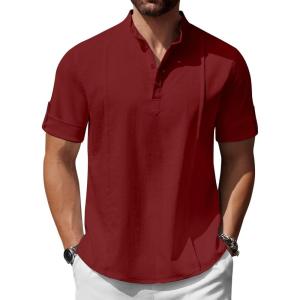 imageCOOFANDY Mens Henley TShirts Short Sleeve Casual Button Henley Shirts Band Collar Tee Summer Beach Hippie ShirtsWine Red