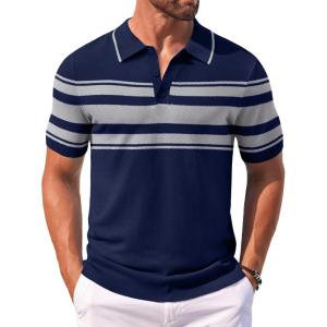 imageCOOFANDY Mens Knit Polo Shirts Casual Short Sleeve Button Down Shirts Crochet Classic Golf Polo Collared ShirtsBlue With Gray Stripes