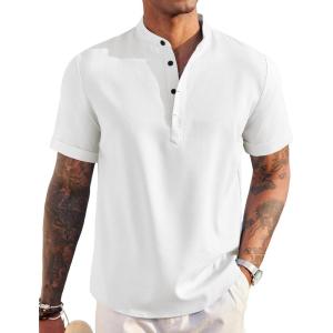 imageCOOFANDY Mens Linen Henley Shirt Short Sleeve Casual Summer Beach Hippie T Shirts1white