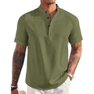 imageCOOFANDY Mens Linen Henley Shirt Short Sleeve Casual Summer Beach Hippie T ShirtsArmy Green