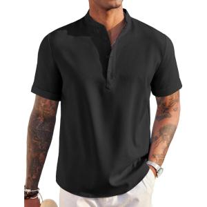 imageCOOFANDY Mens Linen Henley Shirt Short Sleeve Casual Summer Beach Hippie T ShirtsBlack