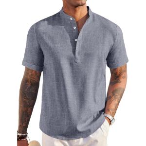 imageCOOFANDY Mens Linen Henley Shirt Short Sleeve Casual Summer Beach Hippie T ShirtsBlue