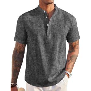 imageCOOFANDY Mens Linen Henley Shirt Short Sleeve Casual Summer Beach Hippie T ShirtsDark Grey