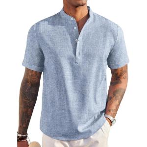 imageCOOFANDY Mens Linen Henley Shirt Short Sleeve Casual Summer Beach Hippie T ShirtsFlecking Blue