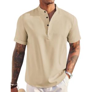 imageCOOFANDY Mens Linen Henley Shirt Short Sleeve Casual Summer Beach Hippie T ShirtsLight Khaki