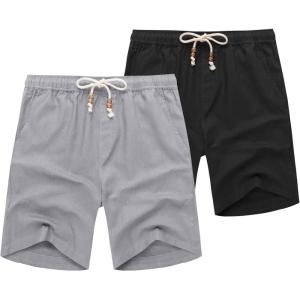 imageCOOFANDY Mens Linen Shorts Casual Elastic Waist Drawstring Summer Beach ShortsBlack  Light Grey