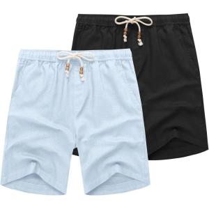 imageCOOFANDY Mens Linen Shorts Casual Elastic Waist Drawstring Summer Beach ShortsLight Blue  Black