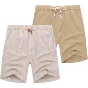 imageCOOFANDY Mens Linen Shorts Casual Elastic Waist Drawstring Summer Beach ShortsLight Khaki Dark Khaki