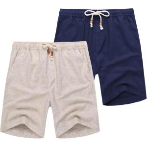 imageCOOFANDY Mens Linen Shorts Casual Elastic Waist Drawstring Summer Beach ShortsLight Khaki Navy Blue