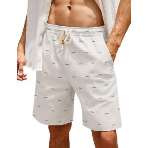 imageCOOFANDY Mens Linen Shorts Casual Elastic Waist Drawstring Summer Beach ShortsWhite Fish Bone