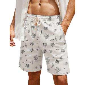 imageCOOFANDY Mens Linen Shorts Casual Elastic Waist Drawstring Summer Beach ShortsWhite Palm