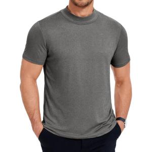 imageCOOFANDY Mens Mock Neck T Shirt Short Sleeve Slim Fit Basic Casual TShirts Solid Color Pullover TeeAdark Grey