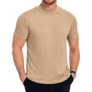 imageCOOFANDY Mens Mock Neck T Shirt Short Sleeve Slim Fit Basic Casual TShirts Solid Color Pullover TeeAkhaki