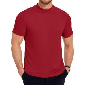imageCOOFANDY Mens Mock Neck T Shirt Short Sleeve Slim Fit Basic Casual TShirts Solid Color Pullover TeeAwine Red