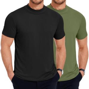 imageCOOFANDY Mens Mock Neck T Shirt Short Sleeve Slim Fit Basic Casual TShirts Solid Color Pullover TeeBblackArmy Green