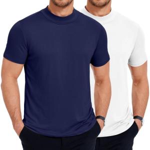 imageCOOFANDY Mens Mock Neck T Shirt Short Sleeve Slim Fit Basic Casual TShirts Solid Color Pullover TeeBwhiteNavy Blue