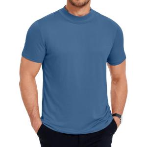 imageCOOFANDY Mens Mock Neck T Shirt Short Sleeve Slim Fit Basic Casual TShirts Solid Color Pullover TeeDenim Blue