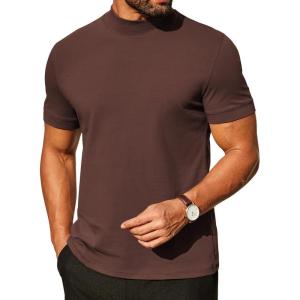 imageCOOFANDY Mens Mock Turtleneck Shirts Casual Premium Cotton Short Sleeve Shirt 2025 Basic Half Neck TShirtsBrown
