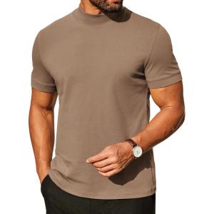 imageCOOFANDY Mens Mock Turtleneck Shirts Casual Premium Cotton Short Sleeve Shirt 2025 Basic Half Neck TShirtsKhaki