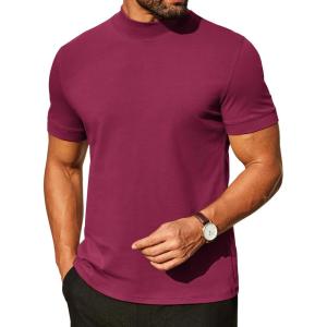 imageCOOFANDY Mens Mock Turtleneck Shirts Casual Premium Cotton Short Sleeve Shirt 2025 Basic Half Neck TShirtsRed